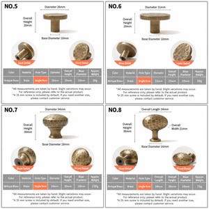 Op de afbeelding: Vier kastknoppen van antiek messing, gelabeld nr. 5, 6, 7 en 8. Elke knop heeft een gehamerde textuur, een enkel gat en specifieke afmetingen. Nr. 5 is 26 mm in diameter, nr. 6 is 31 mm, nr. 7 is 34 mm en nr. 8 is 34 mm lang bij 21 mm breed.
