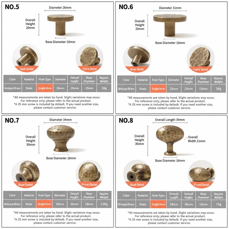 Op de afbeelding: Vier kastknoppen van antiek messing, gelabeld nr. 5, 6, 7 en 8. Elke knop heeft een gehamerde textuur, een enkel gat en specifieke afmetingen. Nr. 5 is 26 mm in diameter, nr. 6 is 31 mm, nr. 7 is 34 mm en nr. 8 is 34 mm lang bij 21 mm breed.
