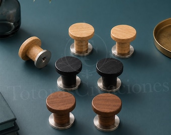 Wood Cabinet Knobs, Solid Wood Drawer Pulls, Oak & Walnut Round Handles for Dresser Wardrobe Kitchen Cabinets