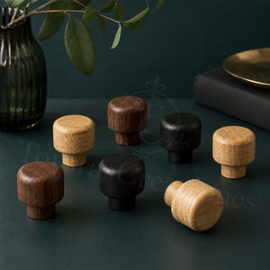 Wood Cabinet Knobs, Japanese Minimalist Drawer Pulls, Solid Oak Walnut Black Single Hole Handles for Dresser Kitchen Wardrobe