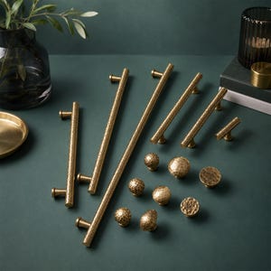 Solid Brass Hammered Cabinet Knobs and Pulls, Antique Brass Drawer Handles, Vintage Wardrobe Hardware, Kitchen Cupboard Pulls