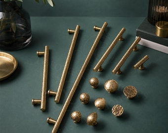 Solid Brass Hammered Cabinet Knobs and Pulls, Antique Brass Drawer Handles, Vintage Wardrobe Hardware, Kitchen Cupboard Pulls