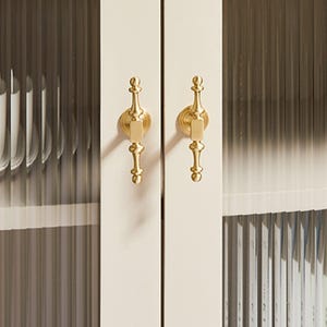 May include: A pair of vertical brass cabinet handles with a decorative spindle shape mounted on a cream-colored cabinet frame. The cabinet features fluted glass panels that partially obscure the contents stored inside the unit behind the doors.