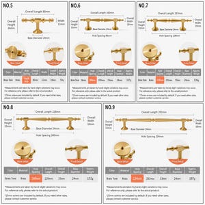 May include: A collection of five brass-tone metal cabinet pulls labeled No. 5 through No. 9. Each pull features a central rod with decorative finials and circular bases. Technical diagrams display dimensions in millimeters, including overall length, height, and hole spacing for each specific model.