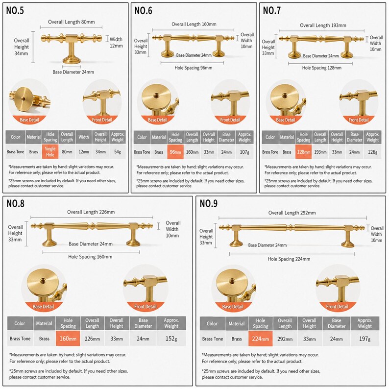 May include: A collection of five brass-tone metal cabinet pulls labeled No. 5 through No. 9. Each pull features a central rod with decorative finials and circular bases. Technical diagrams display dimensions in millimeters, including overall length, height, and hole spacing for each specific model.