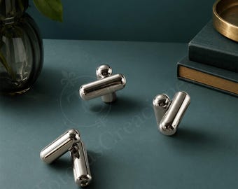 Zilverkleurige kastknop, moderne T-vormige ladeknop, massief messing handgreep met één gat voor dressoir, kledingkast en keukenkasten.