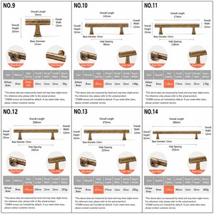 Op de afbeelding: Een collectie van zes antiek messing kastgrepen met een gehamerde textuur, genummerd van 9 tot 14. Elke greep heeft specifieke afmetingen, waaronder totale lengtes van 50mm tot 380mm, een hoogte van 32mm en vari&euml;rende gatafstanden.