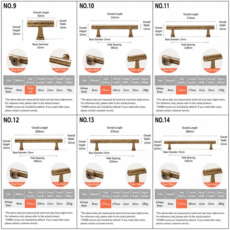 Op de afbeelding: Een collectie van zes antiek messing kastgrepen met een gehamerde textuur, genummerd van 9 tot 14. Elke greep heeft specifieke afmetingen, waaronder totale lengtes van 50mm tot 380mm, een hoogte van 32mm en vari&euml;rende gatafstanden.