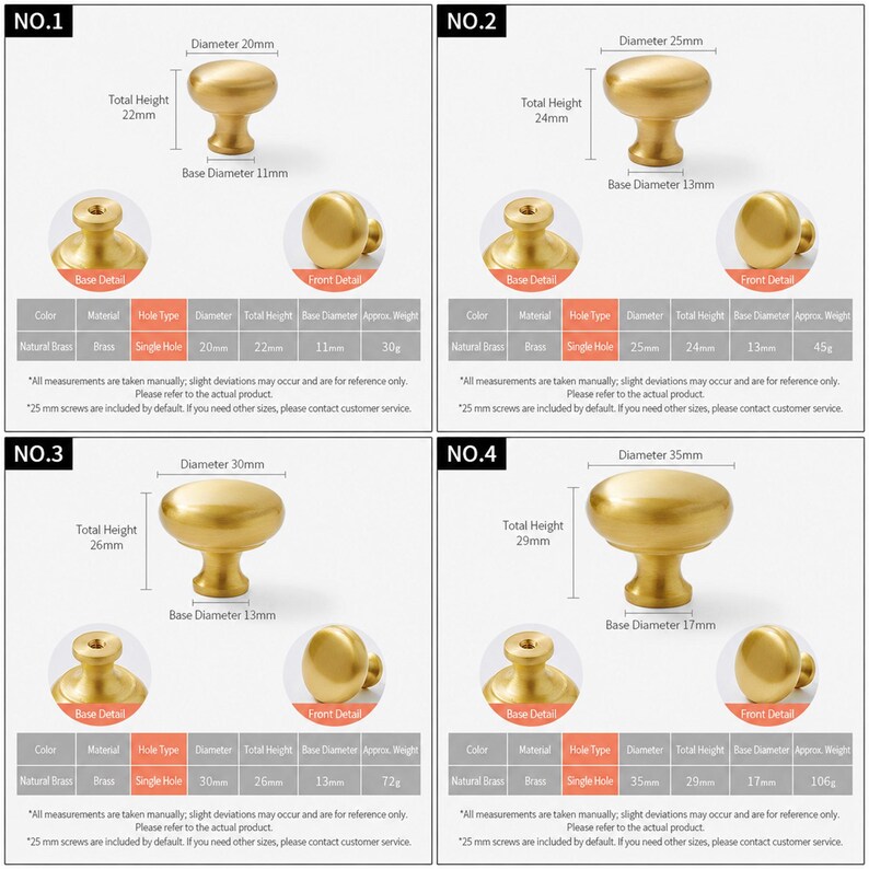 May include: Four gold-colored brass cabinet knobs labeled No. 1 through No. 4. Each knob features a round head and a tapered base. Dimensions are provided for each: No. 1 is 20mm diameter, No. 2 is 25mm, No. 3 is 30mm, and No. 4 is 35mm diameter.