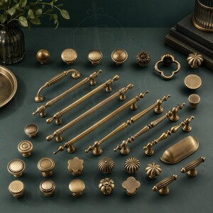 Antique Brass Cabinet Handles, Vintage Drawer Pulls, Pumpkin Knobs, French Country Kitchen Hardware, Solid Brass Wardrobe Pulls