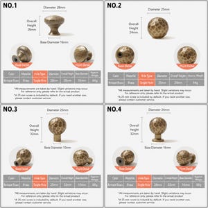 Op de afbeelding: Vier antieke messing kastknoppen met gehamerde texturen, gelabeld van nr. 1 tot nr. 4. Elke knop toont specifieke metrische afmetingen, met diameters vari&euml;rend van 24mm tot 28mm en hoogtes van 24mm tot 32mm, inclusief basisdetails en vooraanzichten.