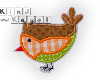 Patch Brush Bird 10 x 10 cm, brown-orange-lime, with fabric applications, series Cat Jeremy and his friends