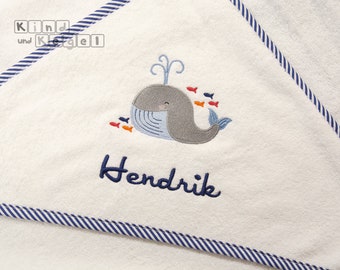 Baby hooded bath towel 80x80 and 100 x 100 cm white, blue-white-striped, whale with fish + name, hooded towel hooded bath towel, gift baby