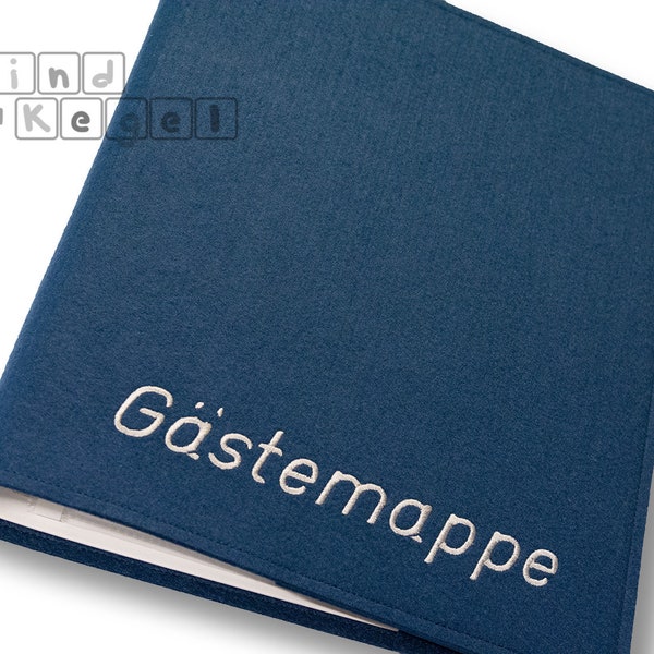 Ordner DIN A4 dunkelblau Filz-Umschlag Gästemappe Gästeordner Gäste Information Informationen Schriftart K25 sibergrau