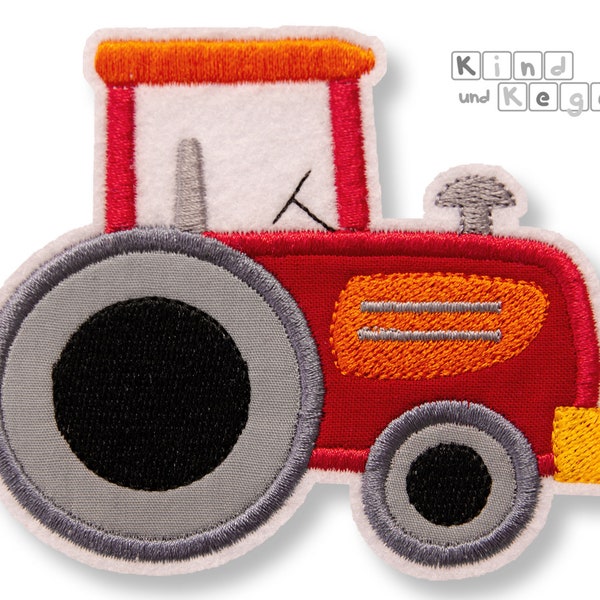 Patch Brush Tractor 10 x 8,5 cm, tissus rouge et gris uni, orange, jaune, noir, tracteur, véhicule terrestre, véhicule, ferme, flotte