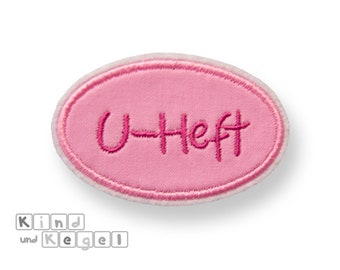 Aufnäher Aufbügler ovales Schild + U-Heft pink, 7,5 x 4,5 cm, Stoff kräftiges rosa uni, Kontur kräftiges rosa, Rahmen, Namensschild, Label