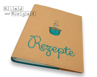 Folder DIN A4 with felt envelope beige/turquoise recipes, recipe folder, recipe folder, collection folder, font 15, motif cooking pot