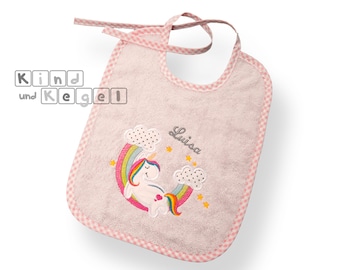 Frottee bib 25 x 30 cm light pink, unicorn rainbow + name, binde bib Sabberlatz Schlabberlatz Baterl Latz