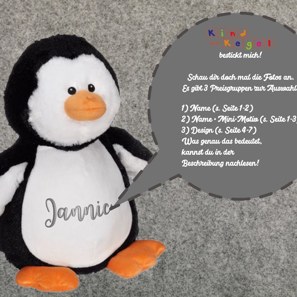 Stofftier Kuscheltier Pinguin schwarz bestickt mit Name, Motiv, Design - große Auswahl an Stickmotiven, Geschenk, Taufe, Geburtstag