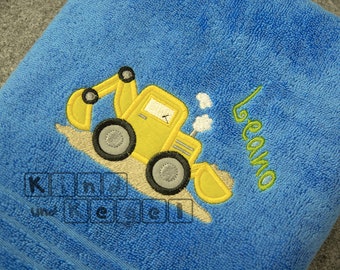 Terry cloth towel blue, yellow excavator + name in lime, font selectable, guest towel, hand towel, bath towel, shower towel, construction vehicle, vehicle