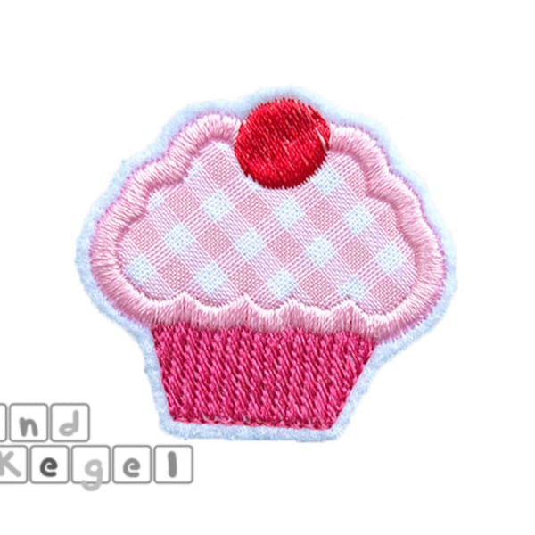 Muffin Aufnäher 5 x 4,5 cm, Stoff rosa-weiß-kariert, rosa, pink, rot, Kuchen, Gebäck, Cupcake