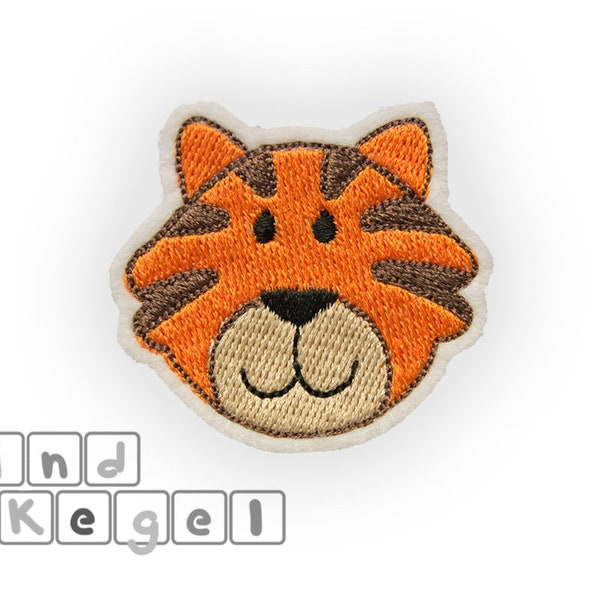 Aufnäher Aufbügler Mini Tierkopf Tiger 5 x 4,5 cm, orange, braun, Raubkatze, Großkatze