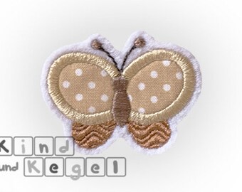 Aufnäher Aufbügler Kleiner Schmetterling 5 x 3,5 cm, Stoff beige-weiß-gepunktet, hellbraun, dunkelbraun