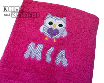 Frottee cloth pink Cute Owl 02 purple pink + name in fabric letters purple white-checkered, towel, bath towel, shower towel