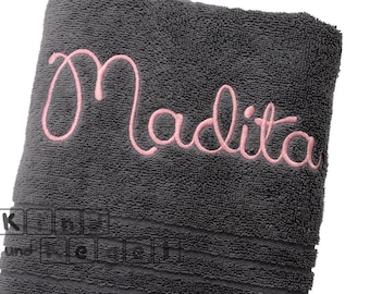 Terry cloth dark grey embroidered with name in large pink, various. Fonts, guest towel, towel, bath towel, shower towel