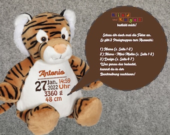 Stuffed animal cuddly toy tiger big cat embroidered with name, motif, design - large selection of embroidery motifs, gift, christening, birthday