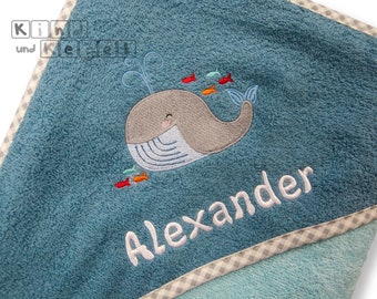 Baby bath towel whale with fish, 80x80, 100 x 100 cm, petrol light turquoise, desired name, with hood