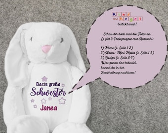 Hase weiß Stofftier Kuscheltier bestickt mit Name, Motiv, Design - große Auswahl an Stickmotiven, Geschenk, Taufe, Geburtstag, Überraschung