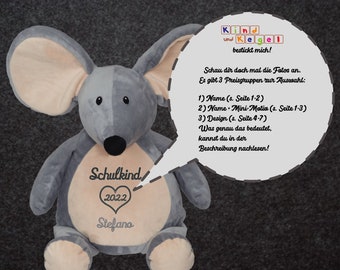 Maus grau Stofftier Kuscheltier bestickt mit Name, Motiv, Design - große Auswahl an Stickmotiven, Geschenk, Taufe, Geburtstag