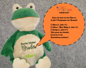 Stofftier Kuscheltier Frosch bestickt mit Name, Motiv, Design - große Auswahl an Stickmotiven, Geschenk, Taufe, Geburtstag, Spielzeug