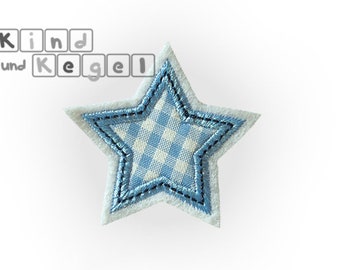 Patch Brush small star 5 cm Ø, fabric light blue-white-checkered, contour light blue, center line dark blue