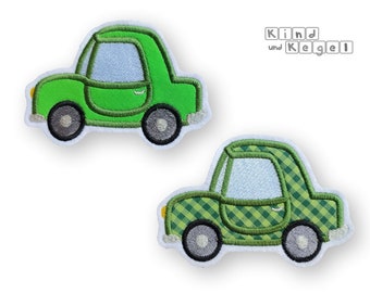 Aufnäher Aufbügler Auto grün, einfarbig oder gemustert kariert, 10x7 cm
