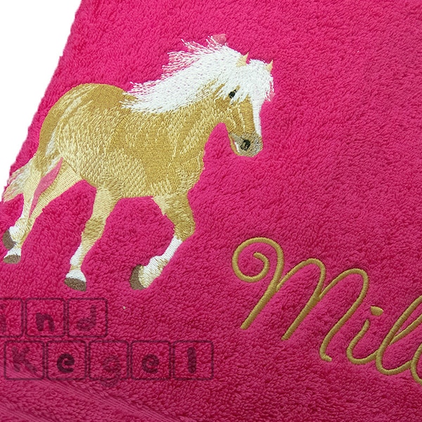 Frottee Tuch pink Haflinger Pferd + Name beige in Schriftart 13, Gästetuch, Handtuch, Badetuch, Duschtuch