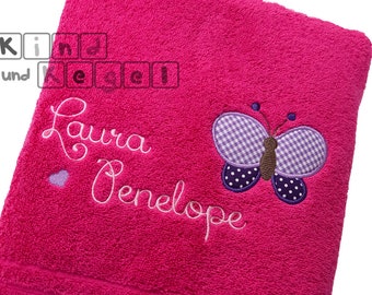 Terry cloth pink, butterfly purple dark purple + name light pink, font selection + heart purple, guest towel, hand towel, bath towel, shower towel