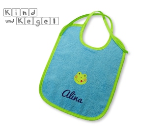 Frottee bib 25 x 30 cm frog small + name, colors A: azur, blue, grey, green, mint, pink, turquoise, tie latz, tie bib, latz tie