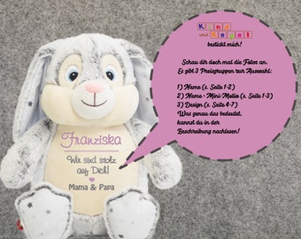 Stofftier Kuscheltier Hase Sterne grau bestickt mit Name, Motiv, Design - große Auswahl an Stickmotiven, Geschenk, Taufe, Geburtstag