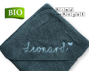 Baby BIO Badetuch 80x80 und 100x100 cm dunkelblau, Name helles jeansblau, große Schrift, mit Kapuze