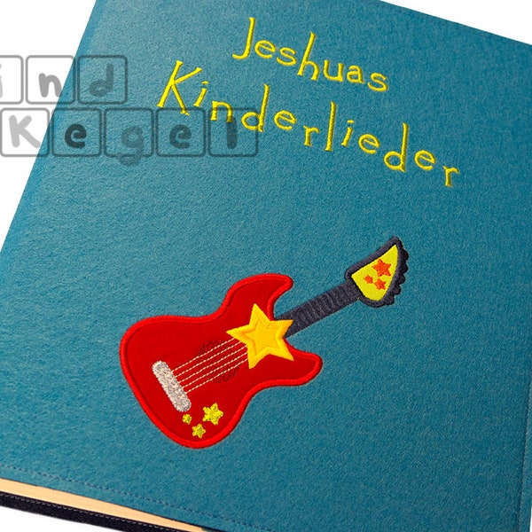 Ordner DIN A4 mit Filz-Umschlag Kinderlieder + Name, Musik, Noten, Liedertexte, Lieder, Schriftart 1, Motiv Gitarre