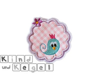 Aufnäher Aufbügler Button Vogel mit Blüte rosa-weiß-kariert, hell lila, türkis, pink, 6,5 cm Ø