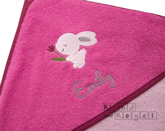 Baby hooded bath towel 80x80 and 100 x 100 cm pink-light pink-burgundy, rabbit with tulip + name, hooded towel hooded bath towel, baby gift baptism