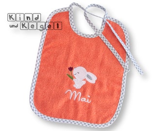 Terry bib rabbit with tulip 25 x 30 cm on coral + name, to tie