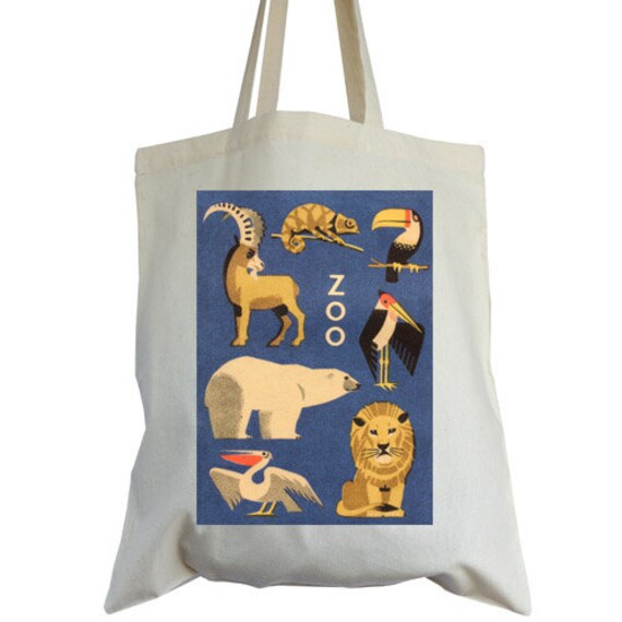 Items similar to Cotton tote bag, navy ZOO design, ideal book bag