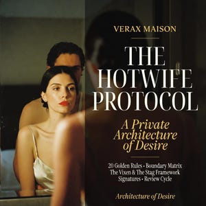 Könnte beinhalten: Ein Buchcover mit dem Titel The Hotwife Protocol: A Private Architecture of Desire von Verax Maison. Das Cover zeigt ein reflektiertes Bild einer Person mit dunklem Haar und rotem Lippenstift in einem hellen Unterhemd, mit Text zu Regeln.