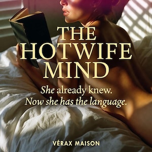 Könnte beinhalten: Ein Buch mit dem Titel THE HOTWIFE MIND und dem Untertitel She already knew. Now she has the language. Das Cover zeigt eine Person mit nackten Schultern, die ein dunkel gebundenes Buch auf weißer Bettwäsche liest, mit dem Verlag VÉRAX MAISON.