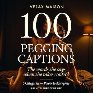 May include: A book cover titled 100 PEGGING CAPTIONS by VERAX MAISON. The subtitle reads The words she says when she takes control, 5 Categories — Power to Afterglow, and ARCHITECTURE OF DESIRE. It features a couple in a dimly lit bedroom setting.
