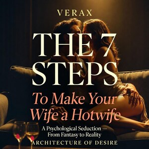 May include: A book cover titled VERAX THE 7 STEPS To Make Your Wife a Hotwife A Psychological Seduction — From Fantasy to Reality ARCHITECTURE OF DESIRE featuring a couple embracing on a sofa with two wine glasses in the foreground.